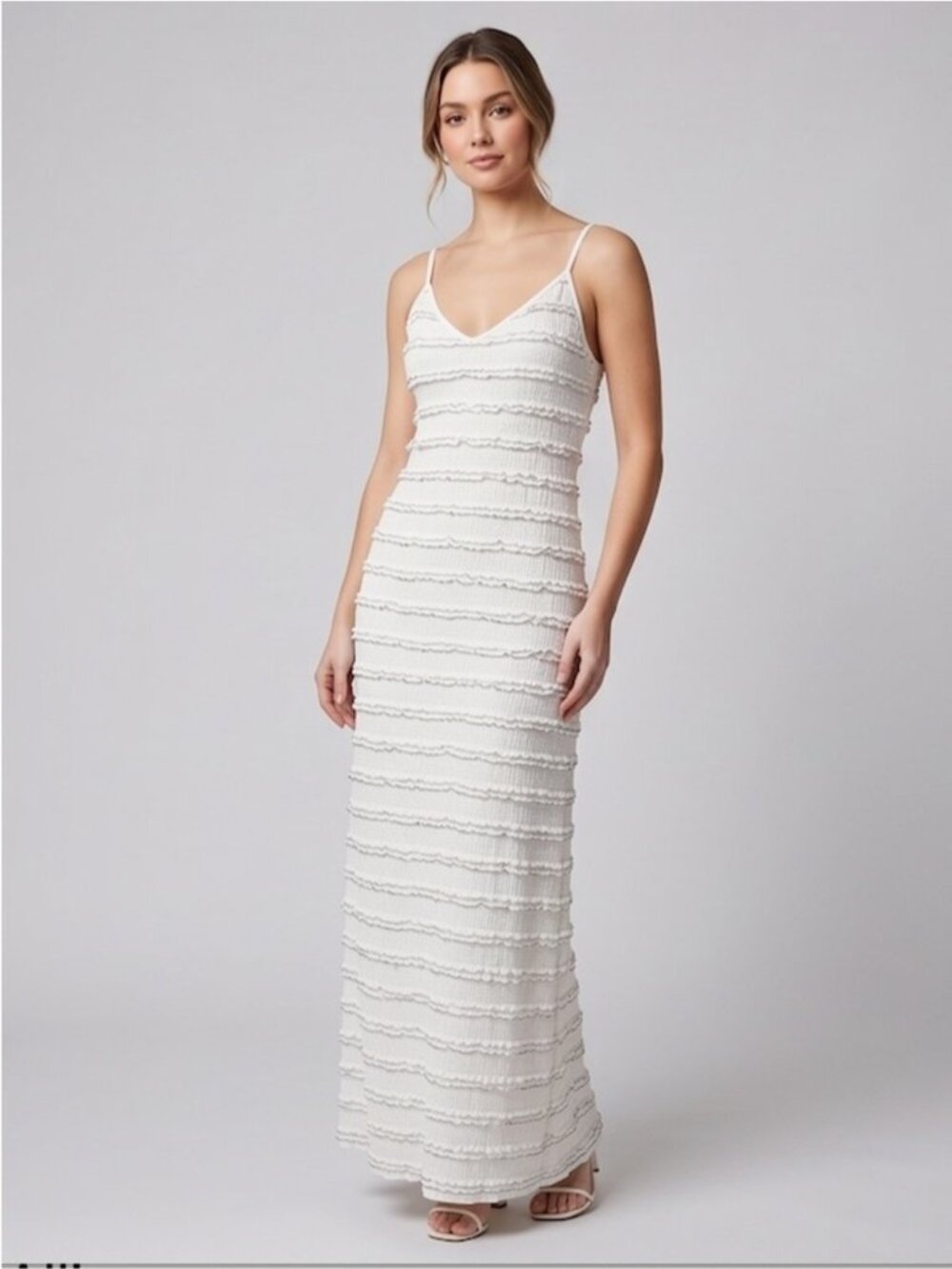 Off White Boho Ruffled A-Line Slip Dress with Contrast Trim